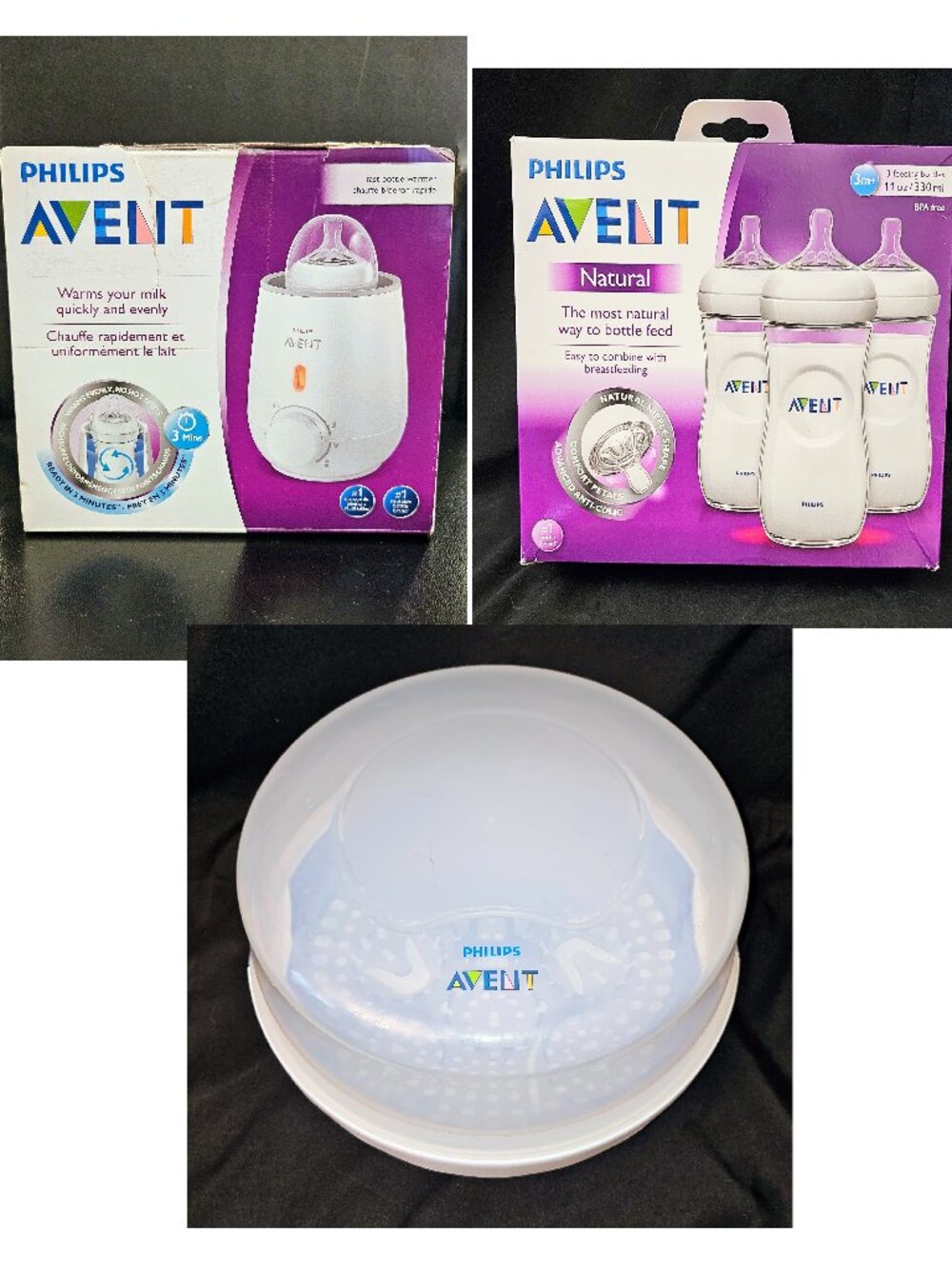 Phillips Avent Set - Bottle Warmer + Microwave Sterilizer + NEW bottles